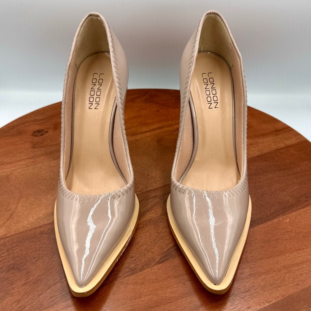 London London Nude Patent Pointed Toe Sculptural Block Heel Pumps Womens 8 Chic